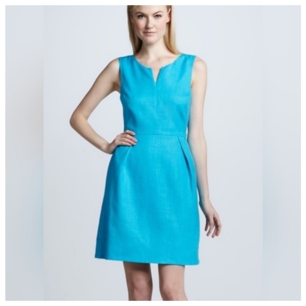 Kate Spade Fit and Flare Dress 00 Blue Linen Notched Neck Coastal Bright‎ Summer